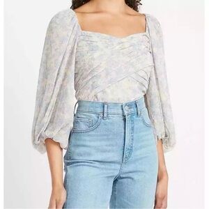 Express Womens Size XL Metallic Floral Pleated Blue Ivory Balloon Sleeve Top